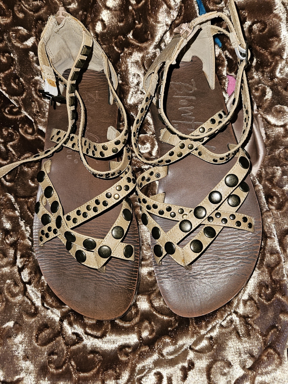 Studded Tan Gladiator Sandals for Women — Strappy Ankle Wrap